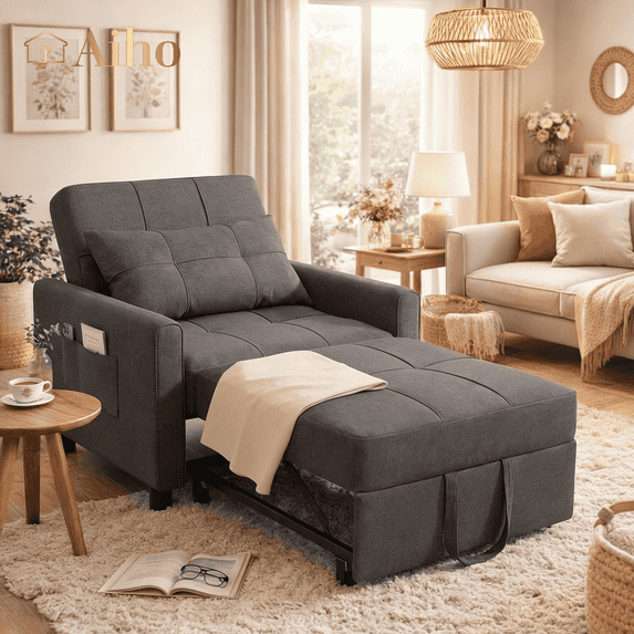 Convertible Sofa Bed, Aiho 3 in 1 Sleeper Couch with Pull-Out Bed & Side Pocket, Best Gifts for Living Room, Bedroom, Dark Gray