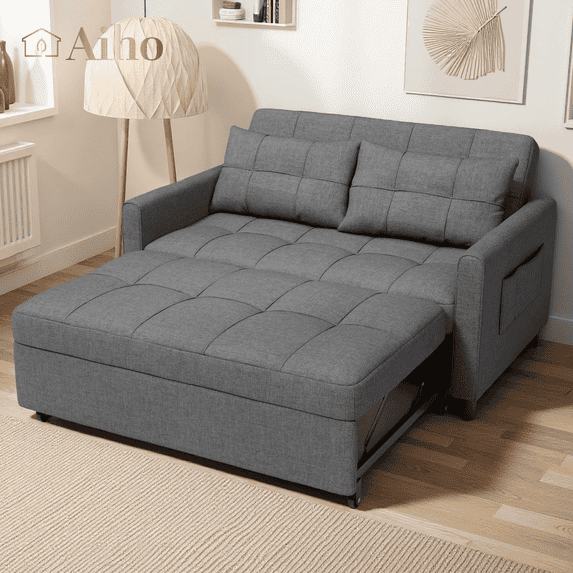 Aiho Convertible Sofa with Pull Out Bed, 3 in 1 Futon Sleeper Couch Bed with Side Pocket & Adjustable Backrest, Perfect for Living Room, Bedroom, Dark Gray