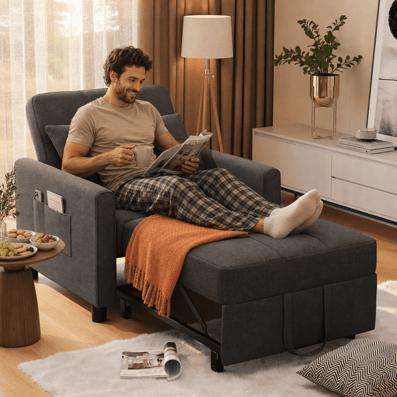 3-in-1 Convertible Sleeper Chair Bed, Adjustable Backrest Pull Out Sofa Chair, Linen Upholstered Single Guest Bed with Side Pocket for Small Apartment,Dark Gray