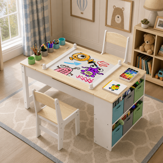 Aiho 3 in 1 Kid Table & Chair Set, Child Activity Table, Kids Table Set Painting with Cabinet for Daycare, Classroom, Home - Natural