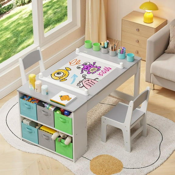 Aiho 3 in 1 Wooden Kids Art Table & Chairs Set with Removable Storage Lid - Toddler Activity Craft Table for Drawing, Studying & Creative Play, Gray