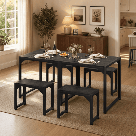 3-Piece Compact Square Dining Table Set for 2 People with Two Matching Benches, Black