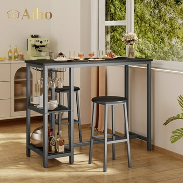 Aiho 3-piece Bar Table Set , Dining Table Set with 3 Storage Shelves For Dining Room , Black