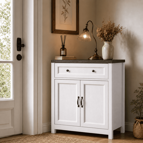Aiho 30"W Farmhouse Storage Cabinet with Barn Door, Adjustable Shelf & Large Drawer-Gray