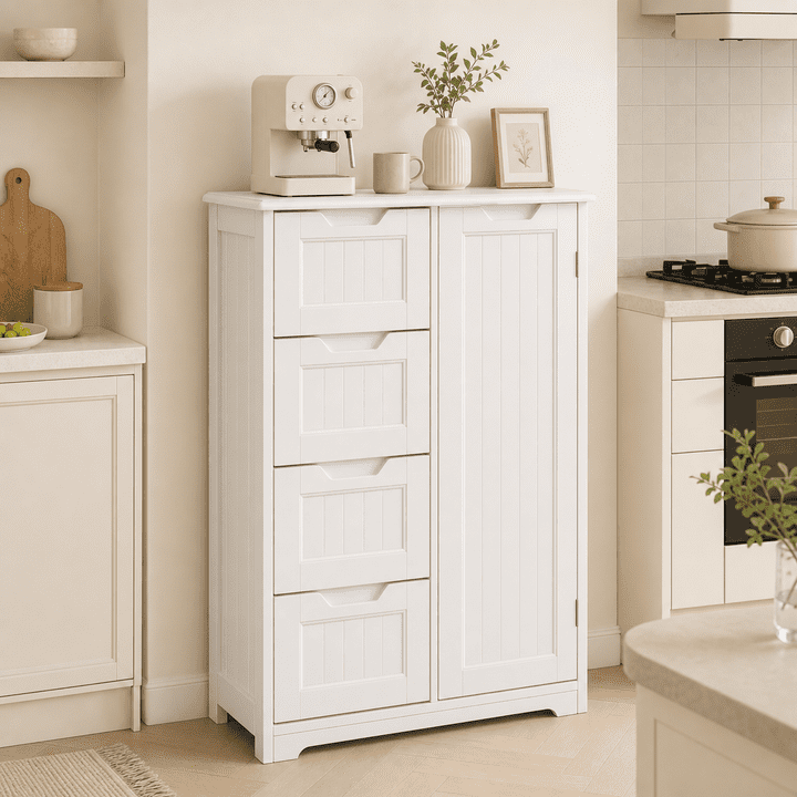 Aiho Wooden Kitchen Pantry Cabinet, 31.5"L Kitchen Storage Cabinets with 4 Drawers, 1 Door and Adjustable Shelves, For Kicchen, Dining Room, Livingroom, Bathroom - White