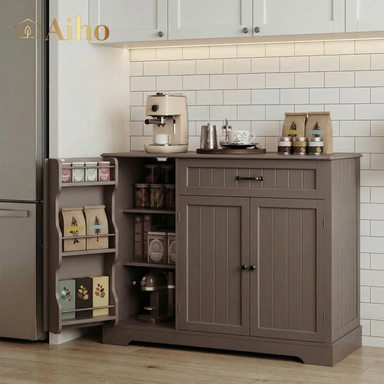 Aiho 33" H Kitchen Storage Cabinet, Coffee Bar Cabinet with Adjustable Shelves & Doors & Drawers, Sideboard Buffet Cabinet for Kitchen, Dining Room - Dark Brown