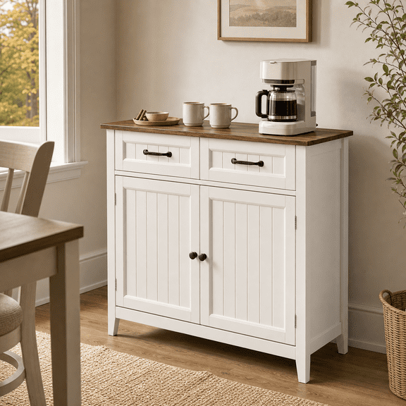 Aiho 32" Kitchen Sideboard Buffet Cabinet with Adjustable Shelf, Modern Storage Island & Coffee Bar Station for Dining Room, Entryway,retro and white