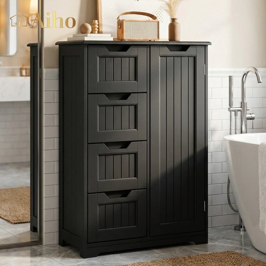 Aiho 33.5 "H Wooden Bathroom Storage Cabinet with 4 Drawers, a Cupboard and Adjustable Dividers for Bathroom,Living room,and Bedroom - BLack