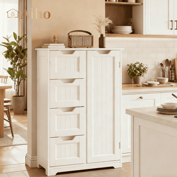 Aiho 23.6" L Kitchen Pantry Storage Cabinet with 1 Door & 4 Drawers & 3 Adjustable Shelves, Modern Kitchen Storage Cabinets for Living Room, Dining Room, White