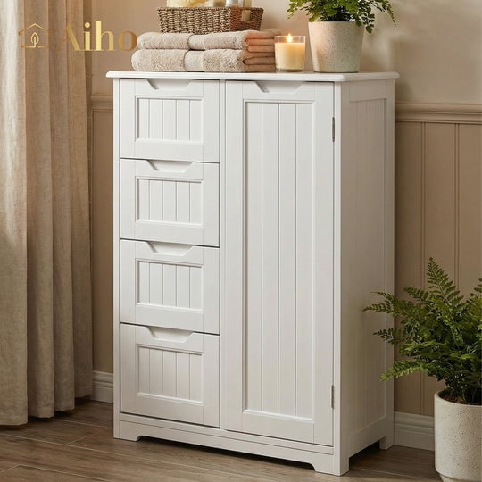 Aiho 33.5 "H Wooden Bathroom Storage Cabinet with 4 Drawers, a Cupboard and Adjustable Dividers for Bathroom,Living room,and Bedroom - White