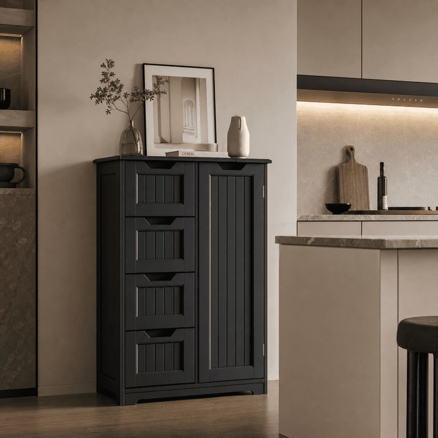 Aiho Wooden Kitchen Pantry Cabinet, 31.5"L Kitchen Storage Cabinets with 4 Drawers, 1 Door and Adjustable Shelves, For Kicchen, Dining Room, Livingroom, Bathroom - BLack
