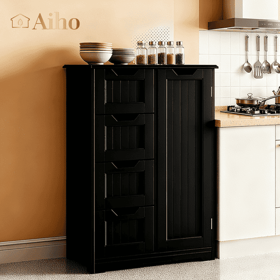Aiho Wooden Kitchen Pantry Cabinet, 31.5"L Kitchen Storage Cabinets with 4 Drawers, 1 Door and Adjustable Shelves, For Kicchen, Dining Room, Livingroom, Bathroom - BLack