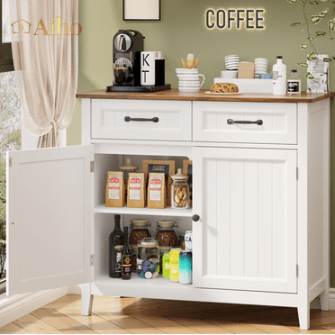 Aiho 35" Coffee Bar Cabinet, Sideboard Buffet Cabinet with 2 Drawers, Adjustable Shelf, 2 Doors, for Kitchen, Living Room - White+Retro
