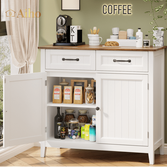 Aiho 35" Coffee Bar Cabinet, Sideboard with 2 Drawers, 2 Doors & Adjustable Shelf-Brown