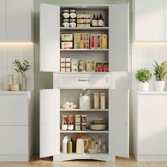 71'' Freestanding Tall Storage Cabinet 4-Door Organizer with 4 Adjustable Shelves & Large Drawer Multipurpose Pantry for Kitchen, Living Room & Bathroom White