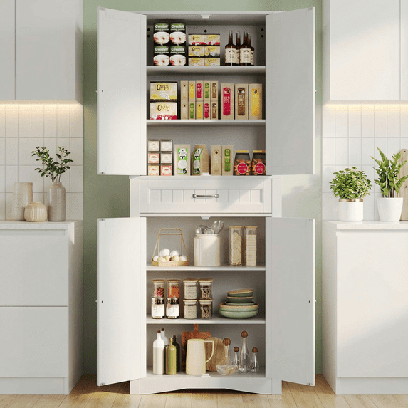 71'' Freestanding Tall Storage Cabinet 4-Door Organizer with 4 Adjustable Shelves & Large Drawer Multipurpose Pantry for Kitchen, Living Room & Bathroom White