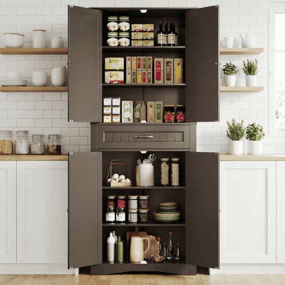 71'' Freestanding Tall Storage Cabinet 4-Door Organizer with 4 Adjustable Shelves & Large Drawer Multipurpose Pantry for Kitchen, Living Room & Bathroom Dark Brown