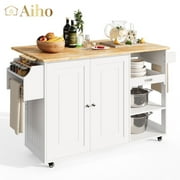 Aiho 36 "H Wooden Kitchen Island Cart on Wheels with 1 Cabinet and 3 Shelves for Kitchen - White