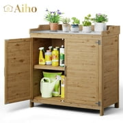 Aiho 37.4"H Wodden Potting Bench, Outdoor Storage Cabinet with Adjustable Shelf for Patio, Lawn - Natural
