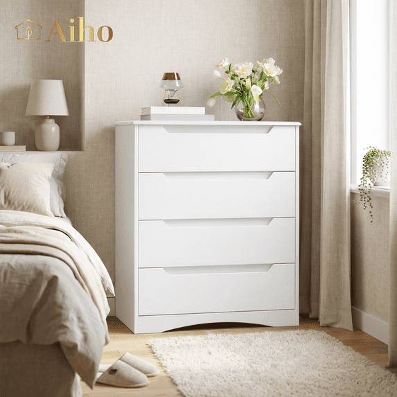 4 Drawer Dresser, Modern Wooden Storage Chest with Embedded Handles, Anti-Tip Safety Device, White Finish Bedroom Organizer for Living Room Kids Room