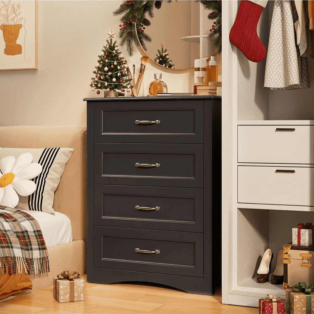 Aiho 4 Drawer Dresser for Bedroom, Tall Wood Dresser with Large Drawer & Delicate Handles for Closet, Living Room, Hallway - Black