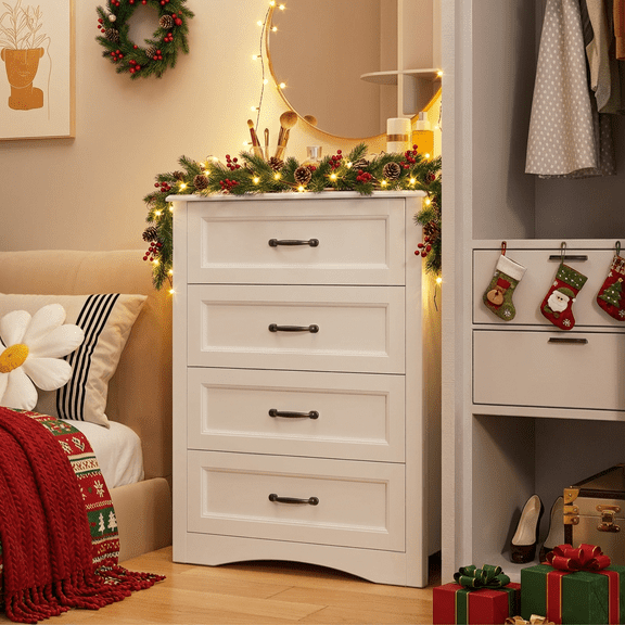 Aiho 4 Drawer Dresser for Bedroom, Tall Wood Dresser with Large Drawer & Delicate Handles for Closet, Living Room, Hallway - White