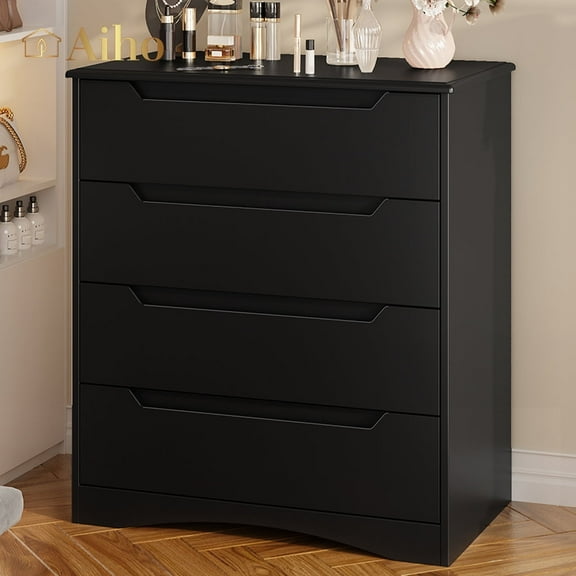Aiho 4-Drawer Dresser for Bedroom, Wood Drawer Chest Storage Cabinet for Living Room, Hallway, Entryway, Home Office - Black