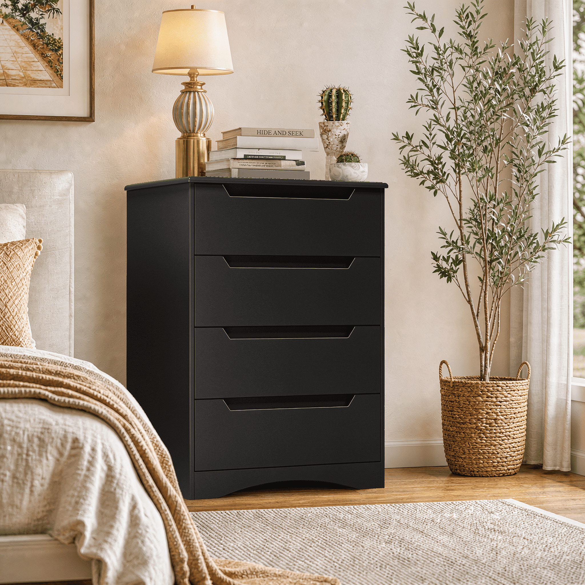 Aiho 4-Drawer Dresser for Bedroom, Wood Drawer Chest Storage Cabinet for Living Room, Hallway, Entryway, Home Office - Black