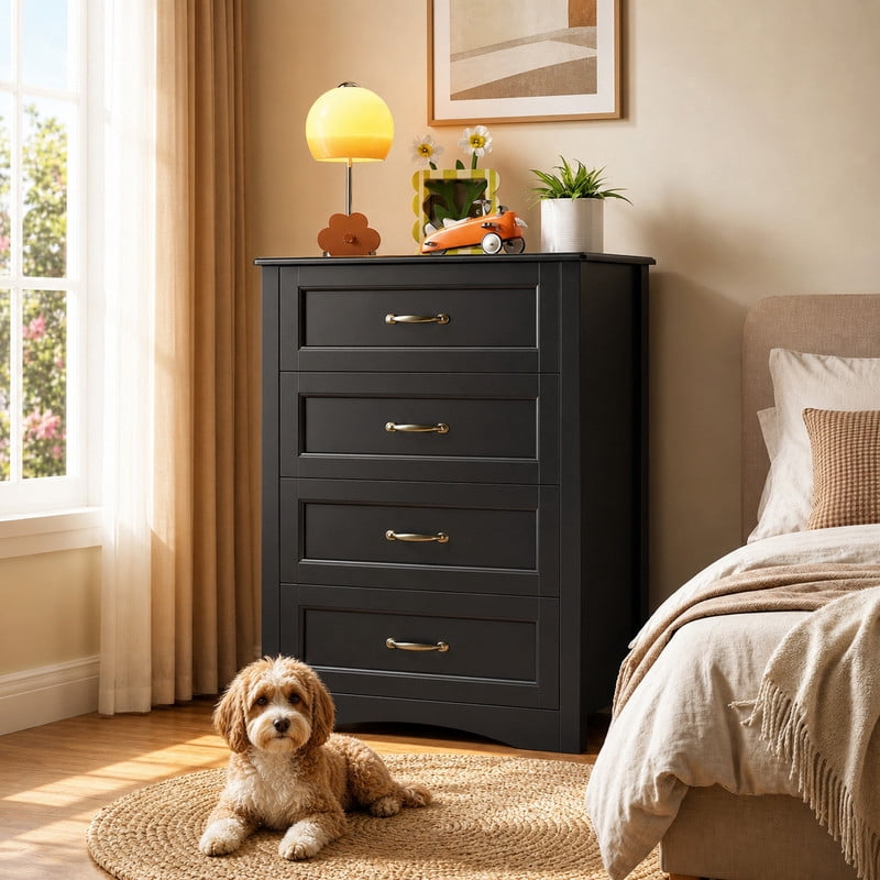 4 Drawer Dresser for Bedroom, Engineered Wooden Chest of Drawers with Sleek Metal Handles for Living Room - Black