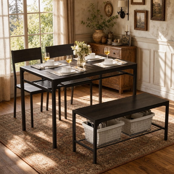 43” Dining Table Set with Storage Rack, 4-Piece Kitchen Table with 2 Chairs and Bench for Small Space, Breakfast Nook & Apartment, Black