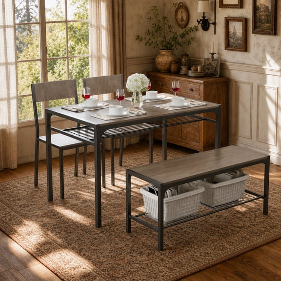 43” Dining Table Set with Storage Rack, 4-Piece Kitchen Table with 2 Chairs and Bench for Small Space, Breakfast Nook & Apartment, Gray