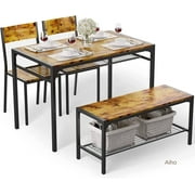 Aiho 4 Piece Dining Table with 2 Chairs and Bench for Kitchen, Small Space, Retro