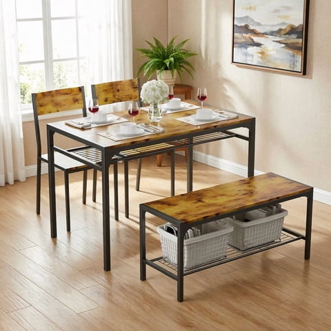 4-Piece Dining Table Set with 2 Chairs and Bench for Small Space - Kitchen Table with Under-Bench Storage Rack - Retro