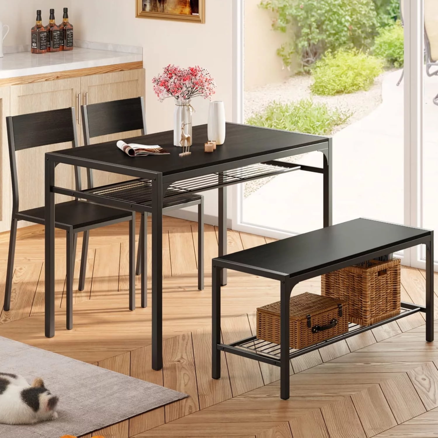 Aiho 4-Piece Black Dining Kitchen Table Set with 2 Chairs and Bench