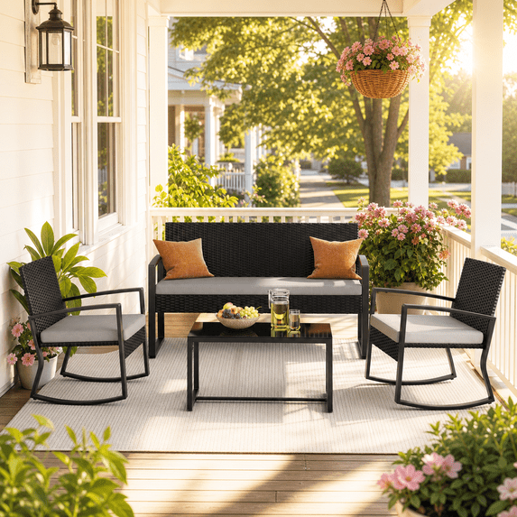 Aiho 4-Piece Outdoor Patio Conversation Set, All Weather PE Wicker Furniture with 2 Rocking Chairs, Coffee Table & Soft Removable Cushions, Gray for Backyard Porch Garden