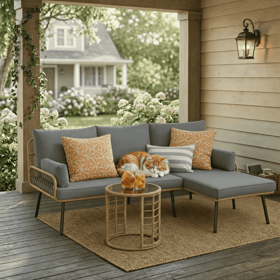 Aiho 3-Piece Patio Furniture Set, All-Weather Wicker L-Shaped Outdoor Conversation Set with Coffee Table & Thick Soft Cushions, Perfect for Patio, Garden, Yard, Gray