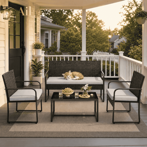 Patio Furniture Set, All-Weather 4 PCS Rattan Outdoor Conversation Set with Coffee Table & Soft Cushions, Perfect for Patio, Garden, Yard, Gray