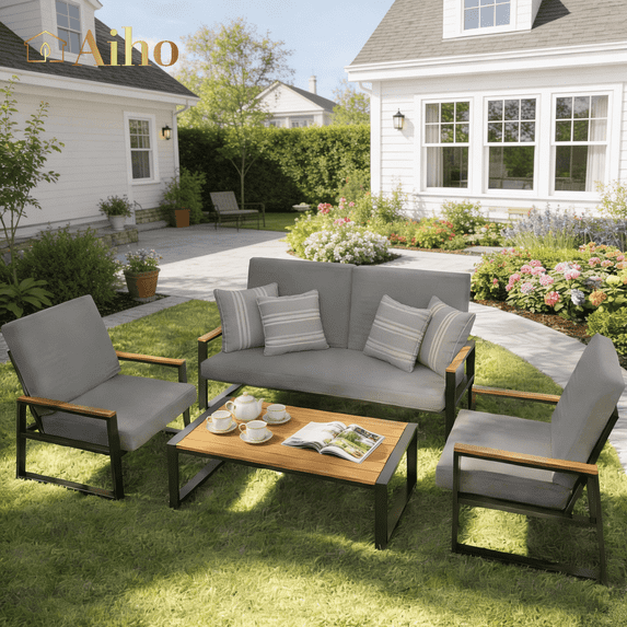 Aiho 4 Pieces Patio Furniture Set, All-Weather Outdoor Conversation Set with Coffee Table & Removable Cushions, Perfect for Patio, Garden, Yard, Gray