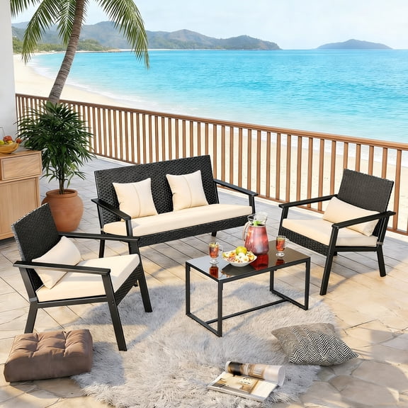 Aiho 4-Piece Wicker Patio Set with Glass Table for Porches and Outdoor Space, Beige (Pillows Not Included)