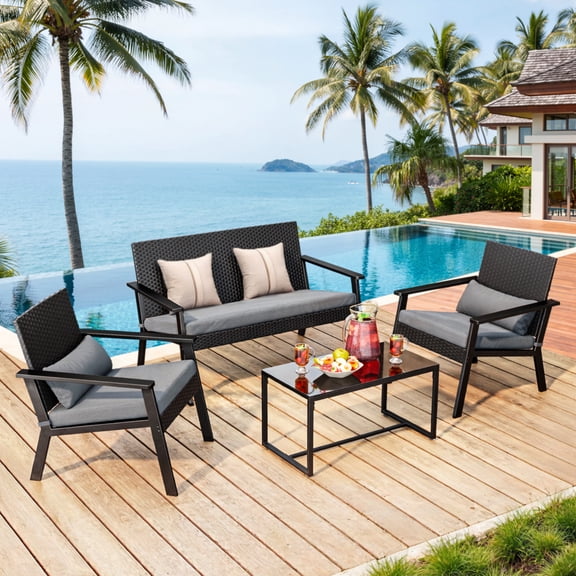 Aiho 4-Piece Wicker Patio Set with Glass Table for Porches and Outdoor Space, Gray (Pillows Not Included)