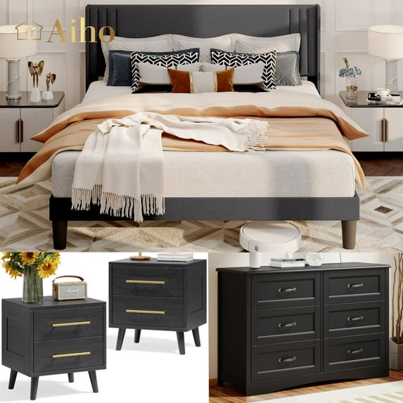 Aiho 4 Pieces Bedroom Furniture Set, Includes Queen Bed Frame, Nightstands Set of 2, Double Wide 6-Drawer Dresser - Black