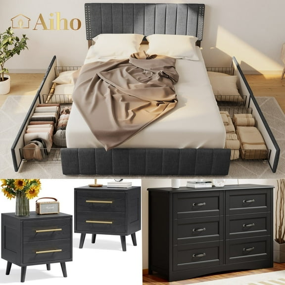 Aiho 4 Pieces Bedroom Furniture Set, Includes Queen Bed Frame with Drawers, Nightstands Set of 2, Double Wide 6-Drawer Dresser - Black