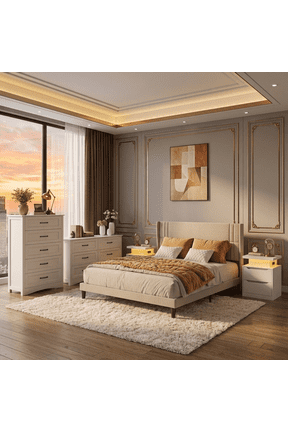 4 Pieces Bedroom Furniture Set, Queen Bed Frame with Wingback Headboard, 2 Drawer Nightstand,Wide 6-Drawer Dresser and Tall 5-Drawer Dresser with Aiti-Toppling Device- Beige&White