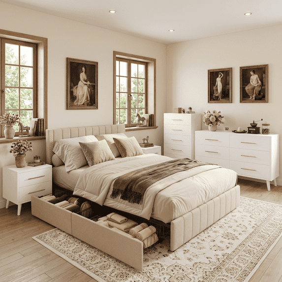 Bedroom Furniture Set, 1xQueen Bed Frame with 4 Under-Bed Drawers, 1x2-Drawer Nightstand, 1x5-Drawer Dresser and 1x6-Drawer Dresser, - Beige and White