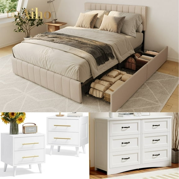 Aiho 4 Pieces Bedroom Furniture Set, Includes Queen Bed Frame with Drawers, Nightstands Set of 2, Double Wide 6-Drawer Dresser - White