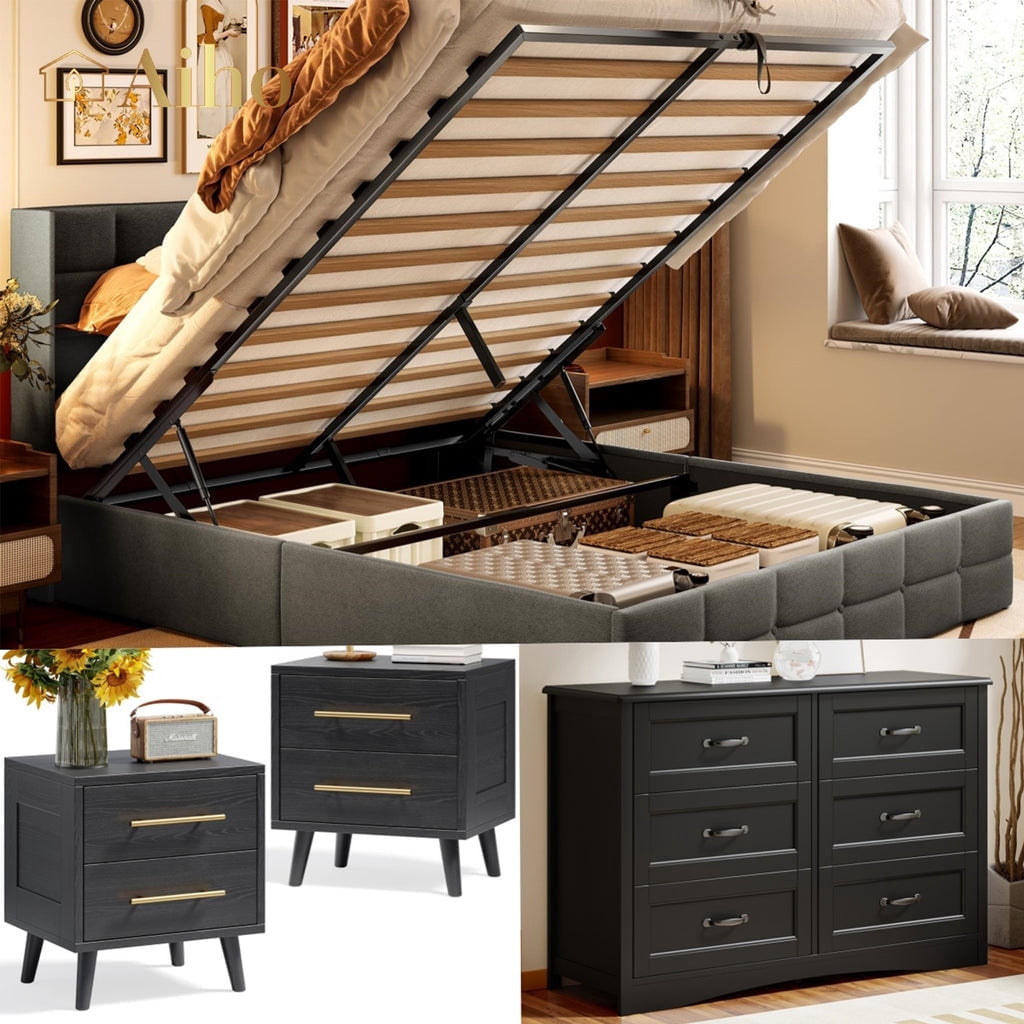 dresser storage beds Aiho 4 Pieces Bedroom Furniture Set, Includes Queen Lift Up Bed, Nightstands Set of 2, Double Wide 6-Drawer Designed in a modern Pasklyn Queen Storage Bed &