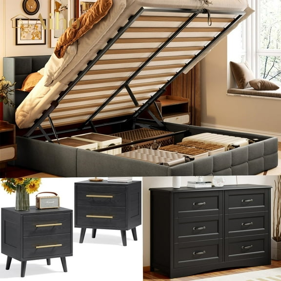 Aiho 4 Pieces Bedroom Furniture Set, Includes Queen Lift Up Storage Bed, Nightstands Set of 2, Double Wide 6-Drawer Dresser - Black