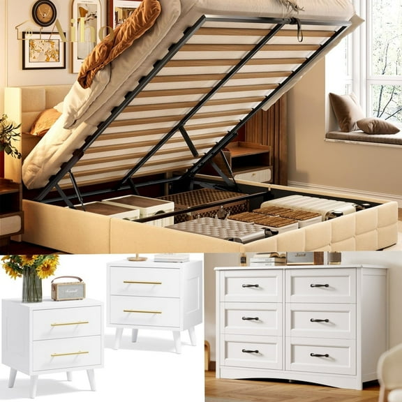 Aiho 4 Pieces Bedroom Furniture Set, Includes Queen Lift Up Storage Bed, Nightstands Set of 2, Double Wide 6-Drawer Dresser - White