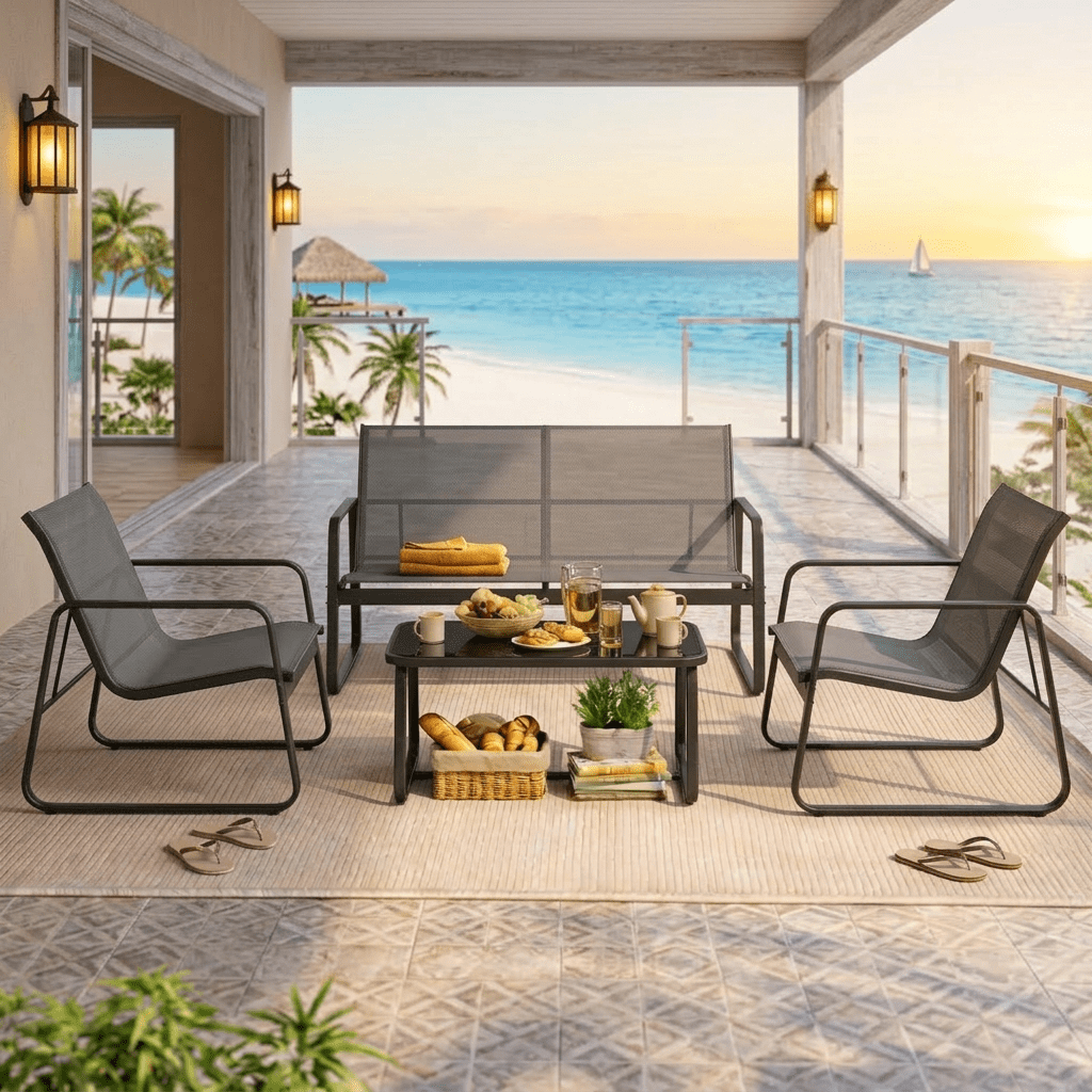 All-Weather Handwoven Steel 4-Piece Rocking Patio Set Including Chairs and Coffee Table for Outdoor Leisure Space Grey