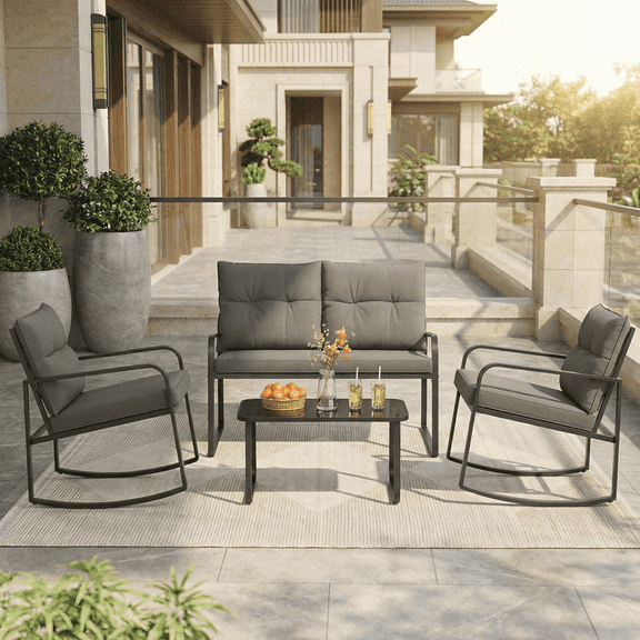 All-Weather Handwoven Steel 4-Piece Rocking Patio Set Including Chairs and Coffee Table for Outdoor Leisure Space Light Grey